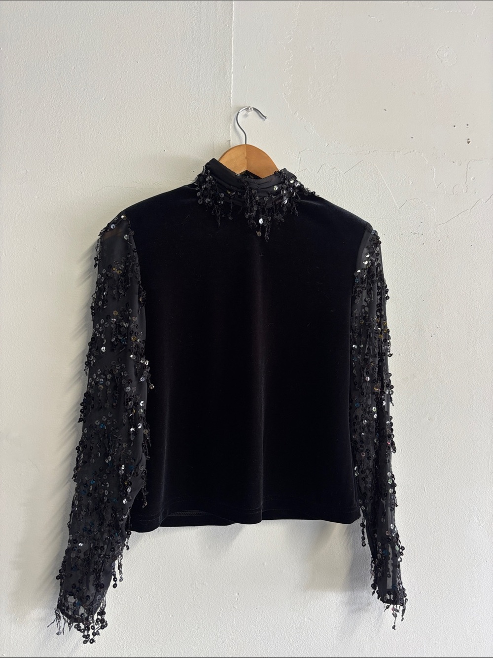 Vintage Black Velvet Top with Sequin Mesh Sleeves